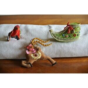 Lot 3x Christmas Ornament Fabric Elf Shoe Reindeer Bird Trim Sequin Embroidered